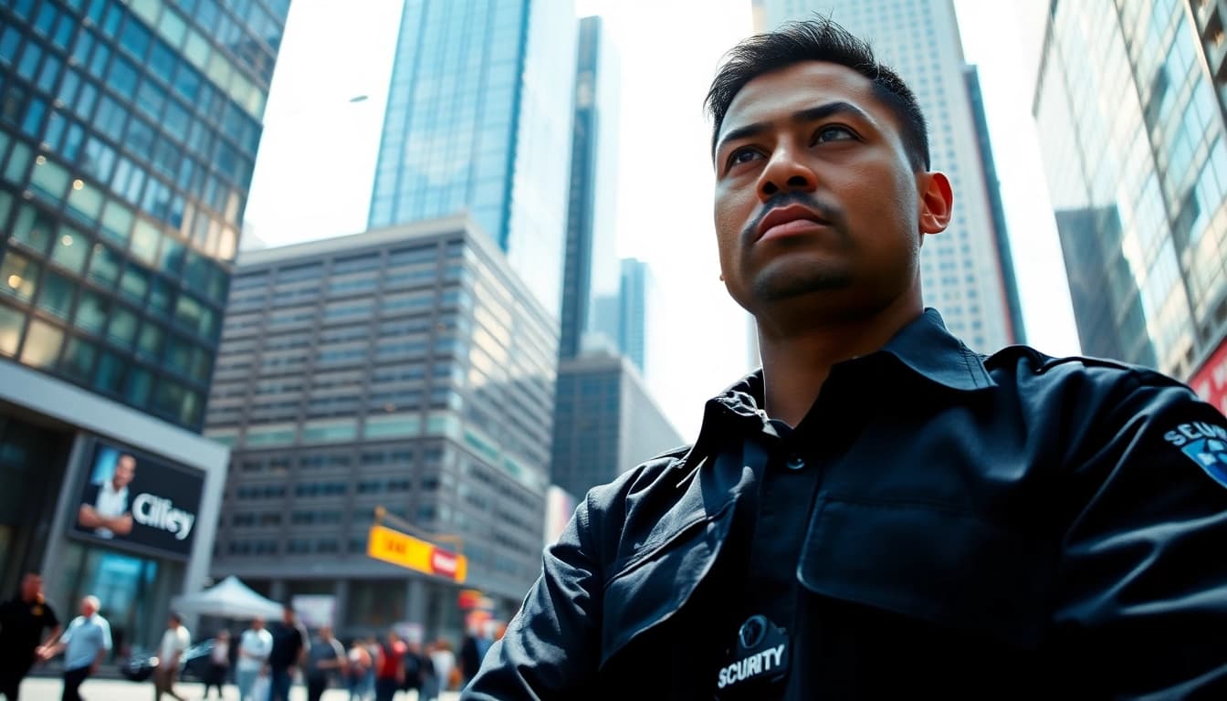 Personal security guard monitoring urban surroundings to ensure safety and protection.