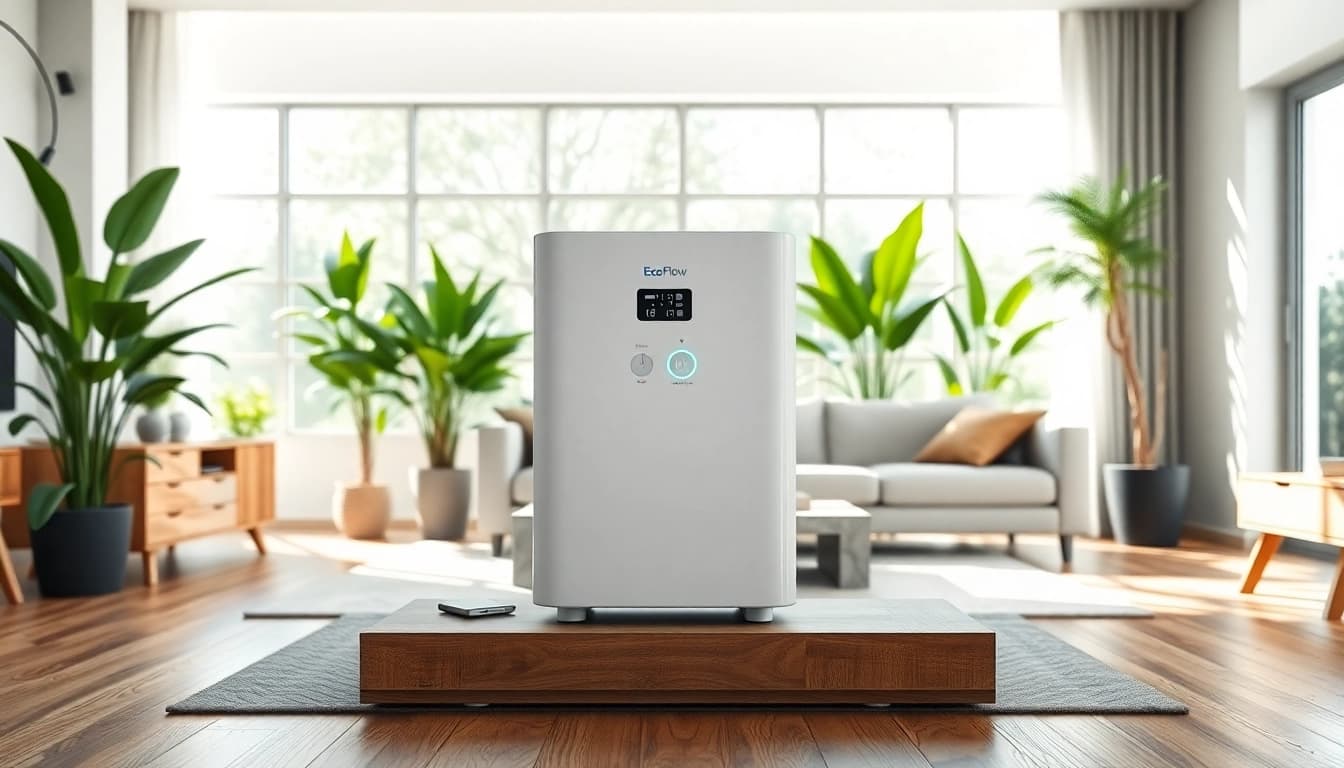 EcoFlow power station showcased in a stylish living room with natural light and greens.