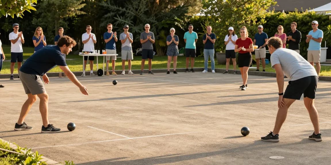 A lively petanque match at fopikotabalikpap.org with diverse players under warm sunlight, showcasing community spirit.