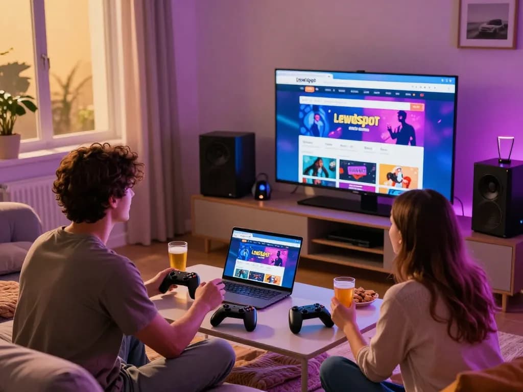 Couple enjoying interactive sex games on large screen, showcasing Lewdspot's vibrant gaming culture.