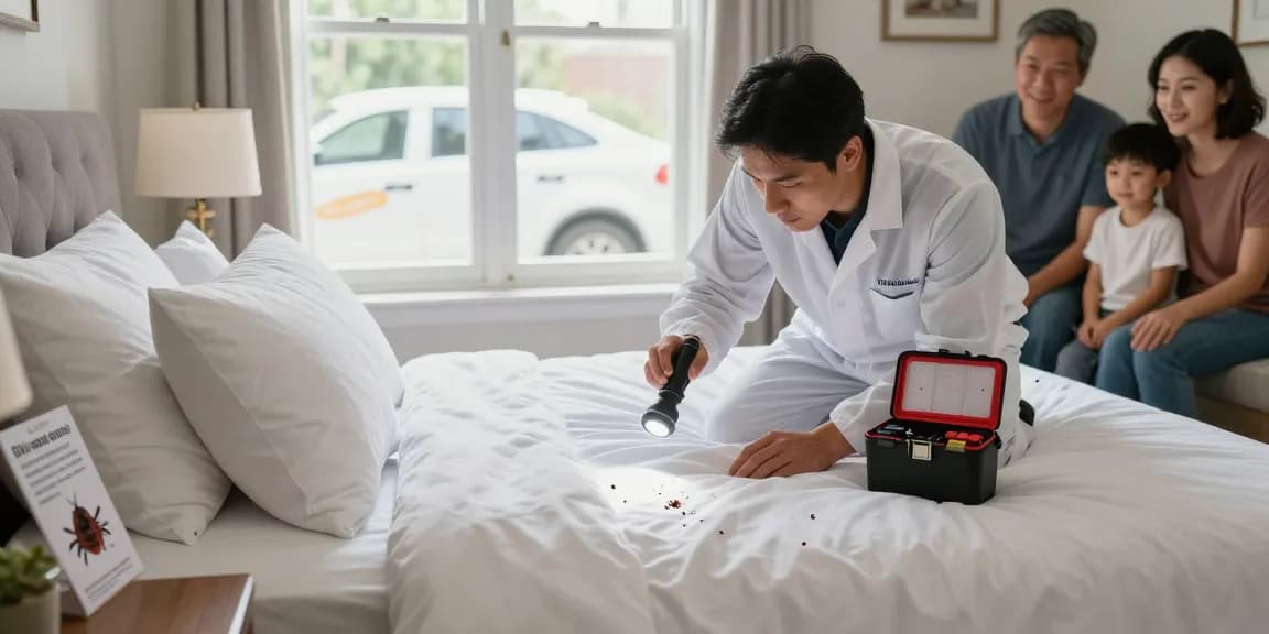 Professional inspecting a bedroom for effective bed bug control solutions.