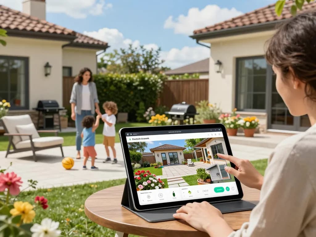 Family using a veranda configurator on a tablet in their sunny backyard, discussing design options.