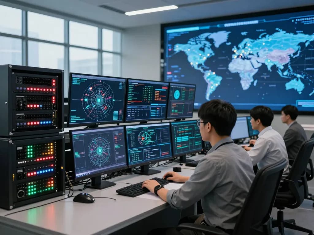 Professional managing global network connections using 快连 technology in a high-tech control center.
