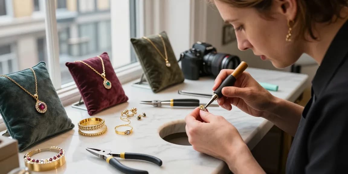 Crafting unique pieces as a london jewellery designer in a chic studio.