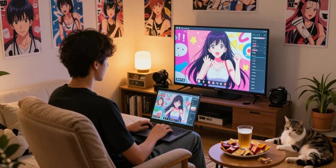 Dynamic scene of engaging free ai ecchi chat with anime character on laptop in cozy setting.