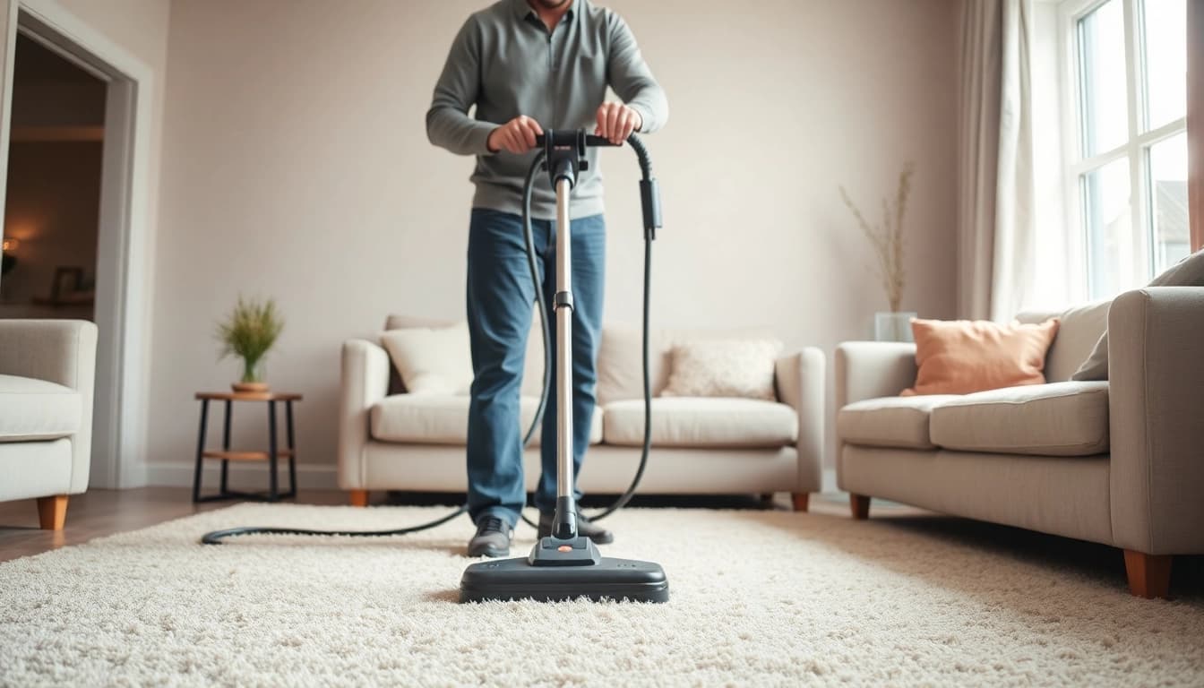 Carpet cleaners in Glasgow efficiently cleaning a vibrant carpet in a sunlit room.
