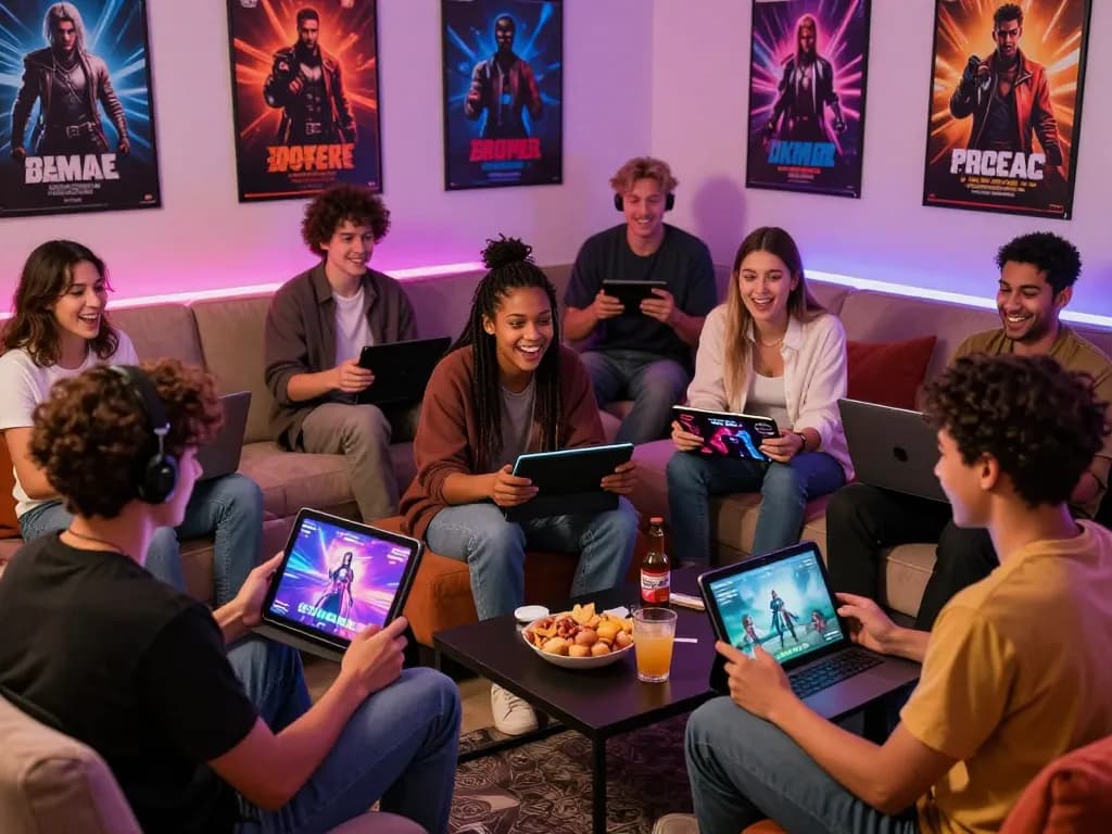 Friends playing engaging porn games in a cozy virtual lounge, showcasing vibrant atmosphere