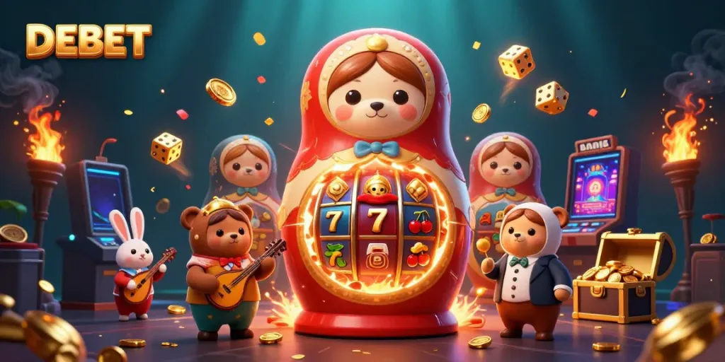 Experience gambling excitement with DEBET featuring colorful casino games, playful characters, and a jackpot explosion.