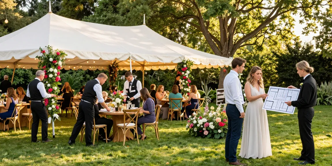 Marquee hire London setup in a vibrant garden party with guests mingling and professional team arranging tables.