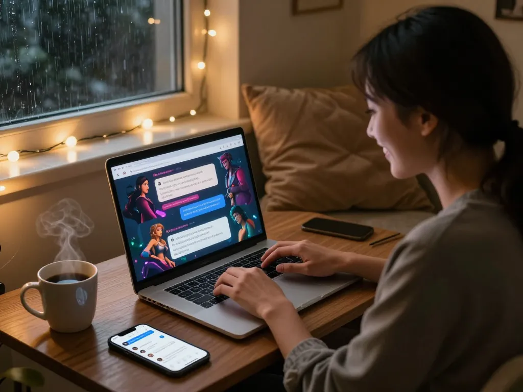 Engaging NSFW AI chat experience on laptop in cozy living room.