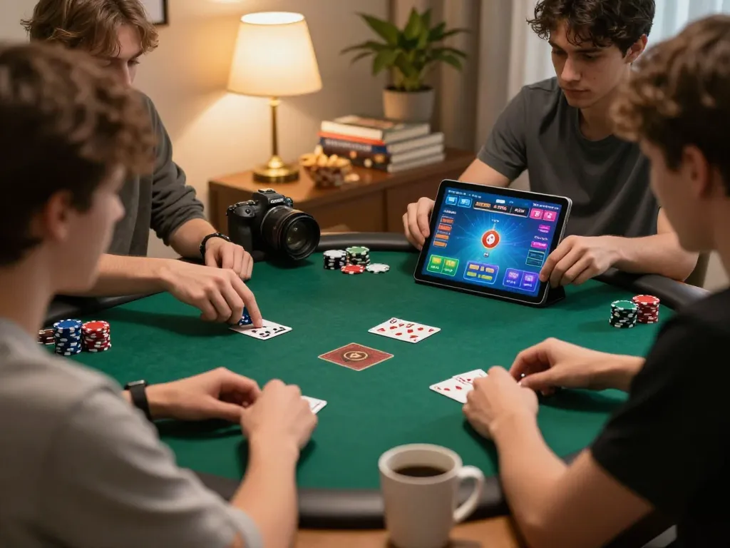 Engaging in online poker with lucky888 on a tablet at home, showcasing a cozy living room.
