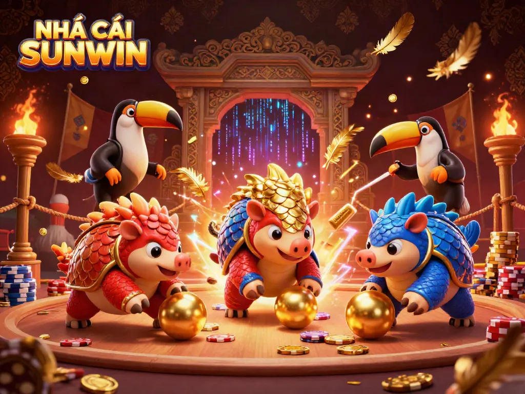 Experience vibrant action at NHÀ CÁI SUNWIN with a dynamic scene of animated pangolins and casino elements.