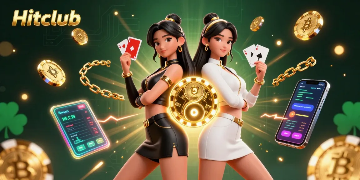 Hitclub showcases a vibrant casino atmosphere with twin Asian women holding playing cards amidst floating crypto coins.