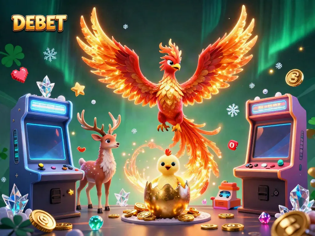 Experience thrilling gameplay with DEBET's dynamic casino and arcade scene featuring a phoenix and magical elements.