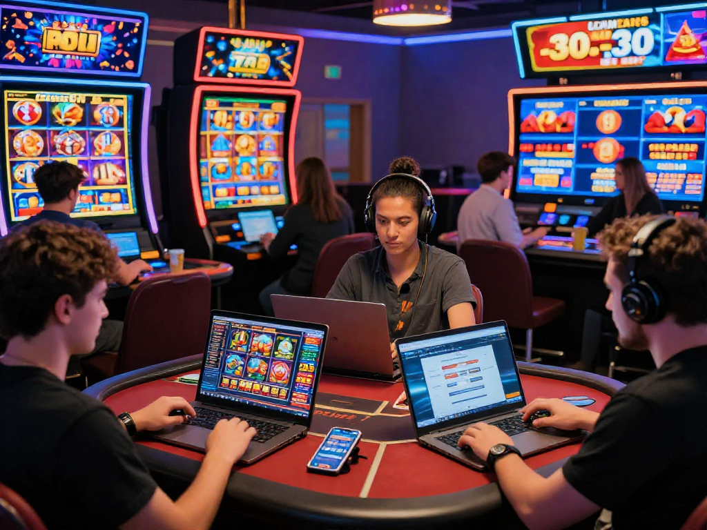 UK players engaging with USA online casinos on laptops at https://aboutobo.com, showcasing excitement and diverse gaming options.