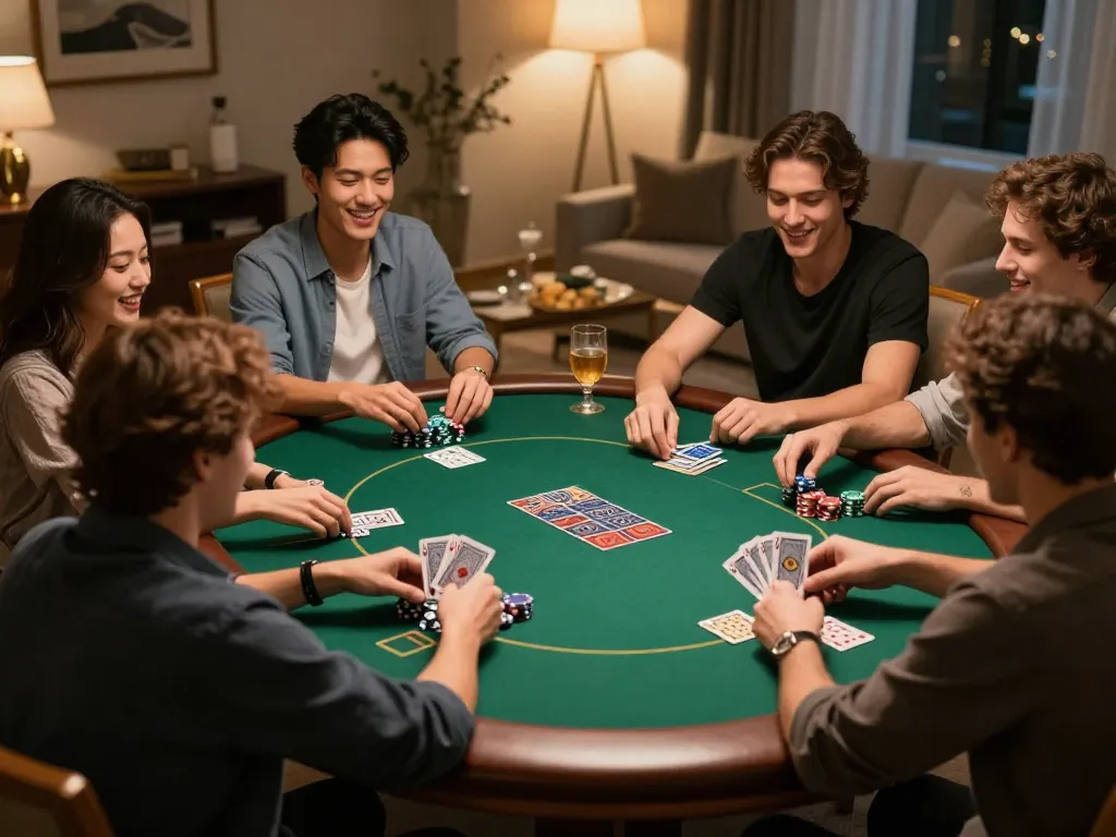 Engaging poker game at home with friends, highlighting sumclub's social gaming experience.
