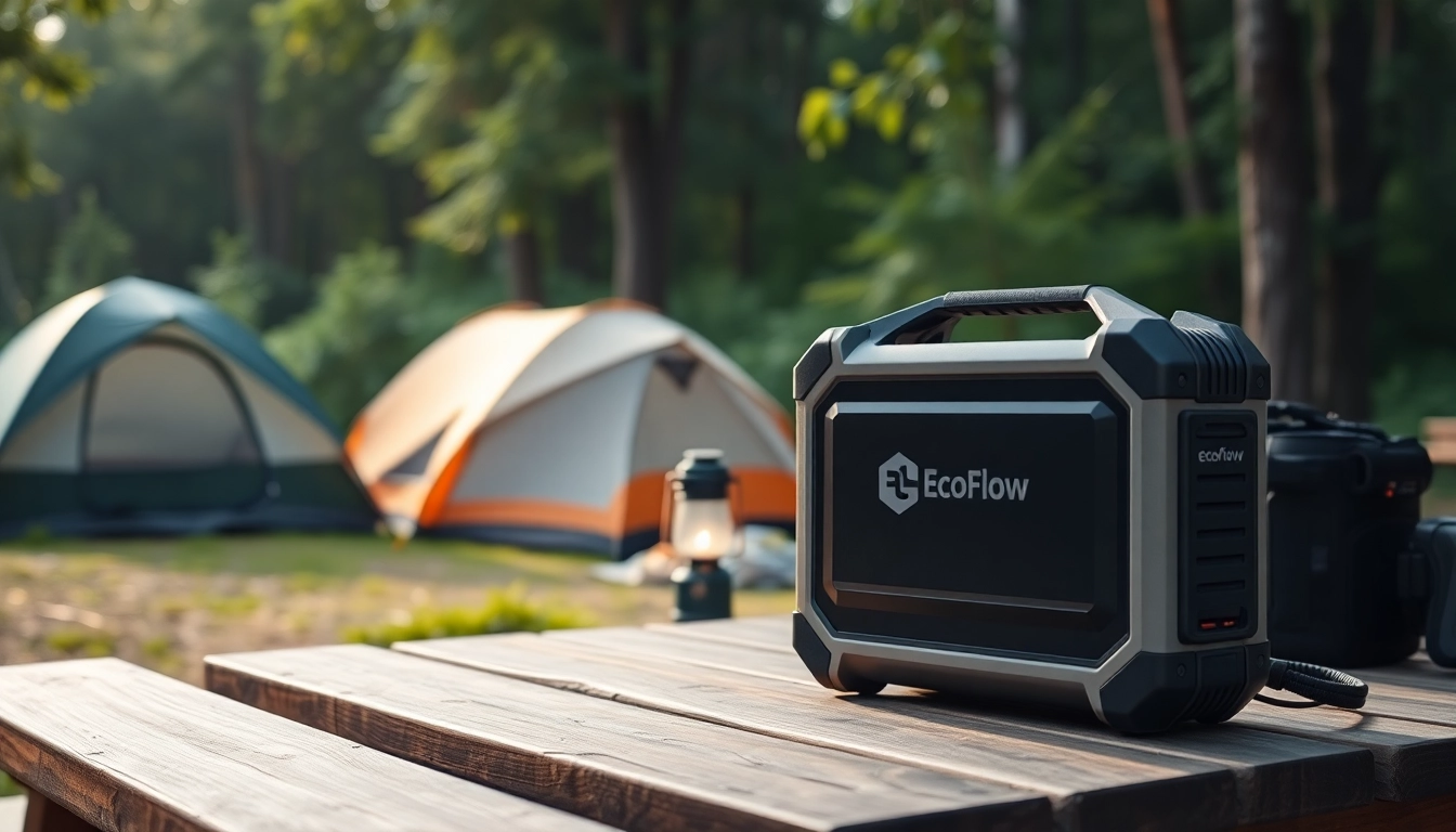 EcoFlow portable power station showcased in a serene camping environment, highlighting outdoor utility.