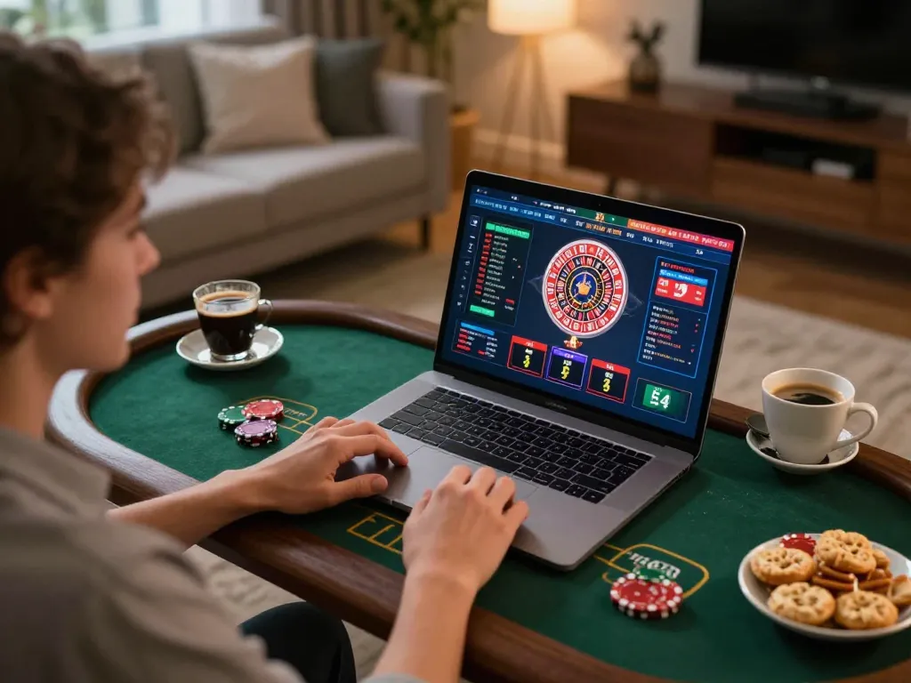 nk88 player enjoying online casino gaming in a cozy home setting with laptop and snacks.