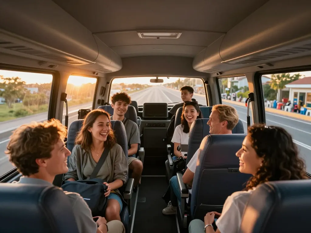 Group traveling in a comfortable 5,6,7,8 seater taxi minibus, enjoying their journey together with scenic views.