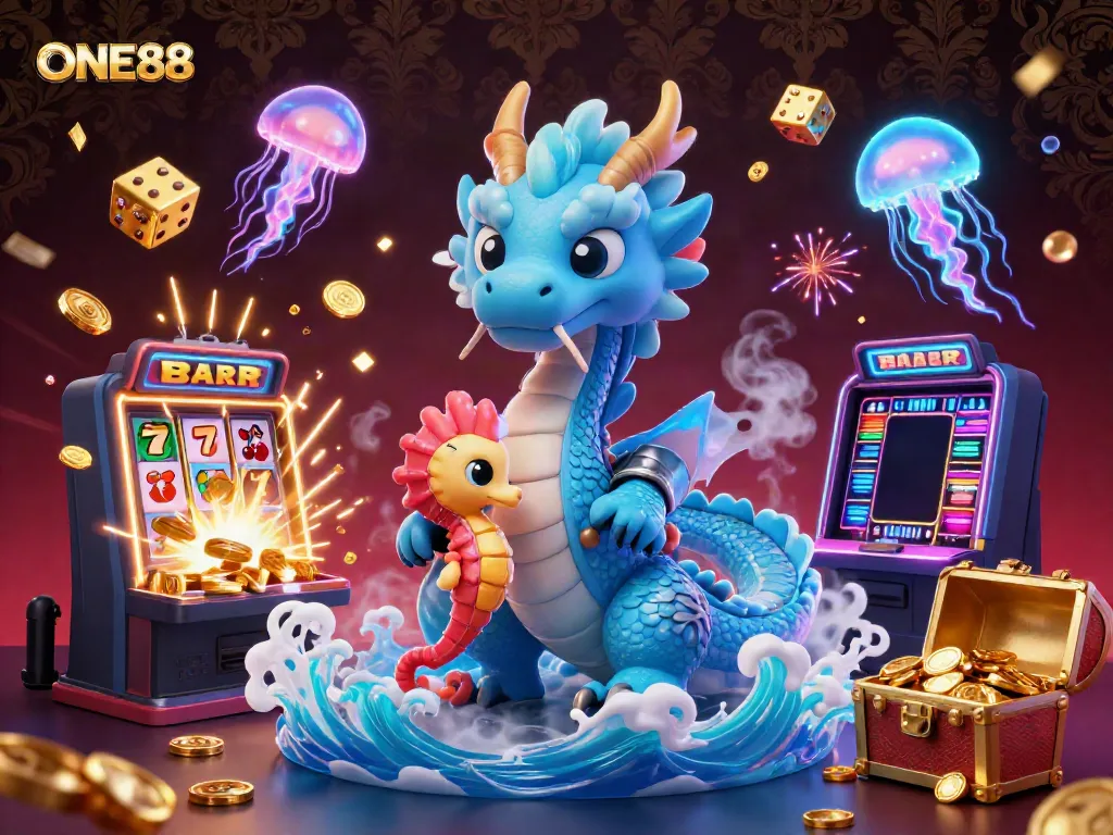 Experience the thrill of gaming at ONE88 with a dynamic dragon illustration capturing casino excitement.