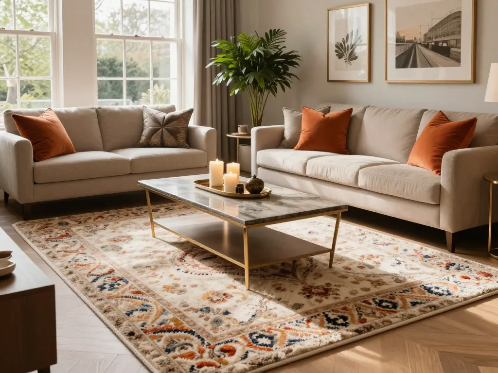 Elegant living room with luxury carpets London, featuring warm lighting and stylish décor.