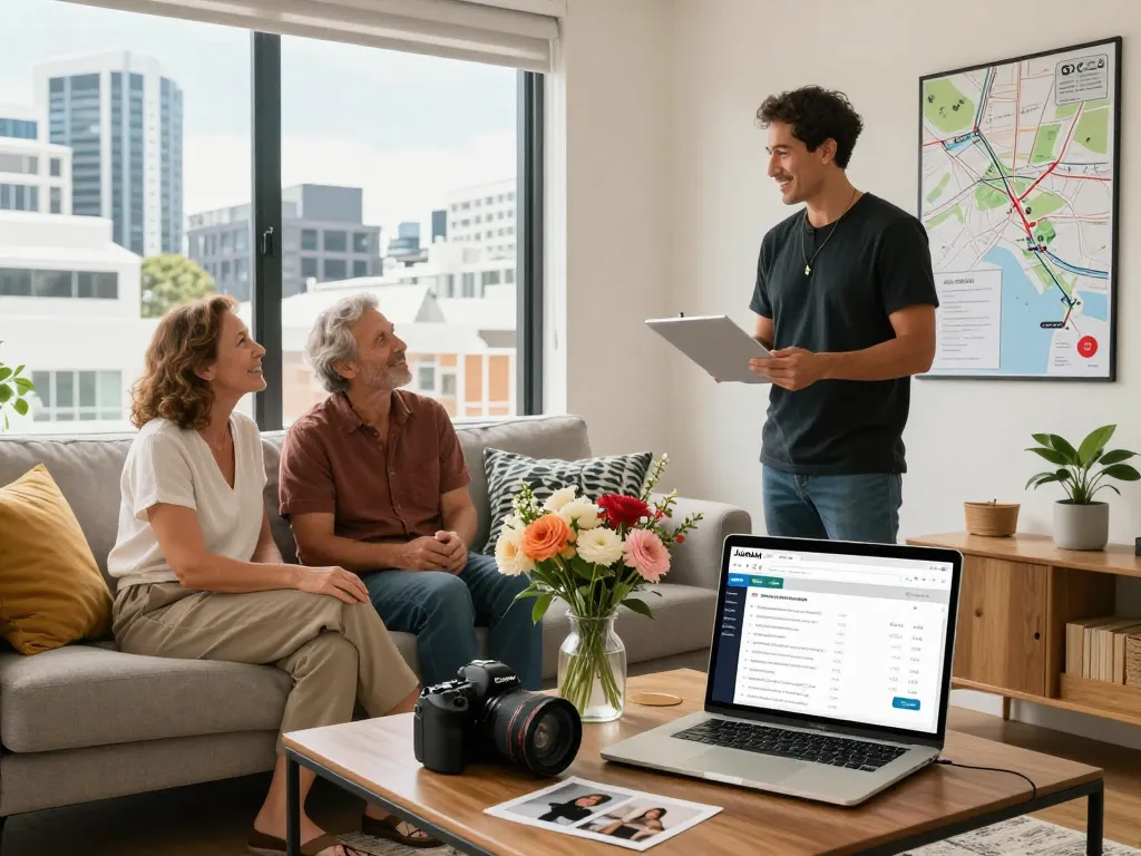 Airbnb management Auckland scene showing hosts preparing their stylish property for guests with vibrant city views and a welcoming atmosphere.