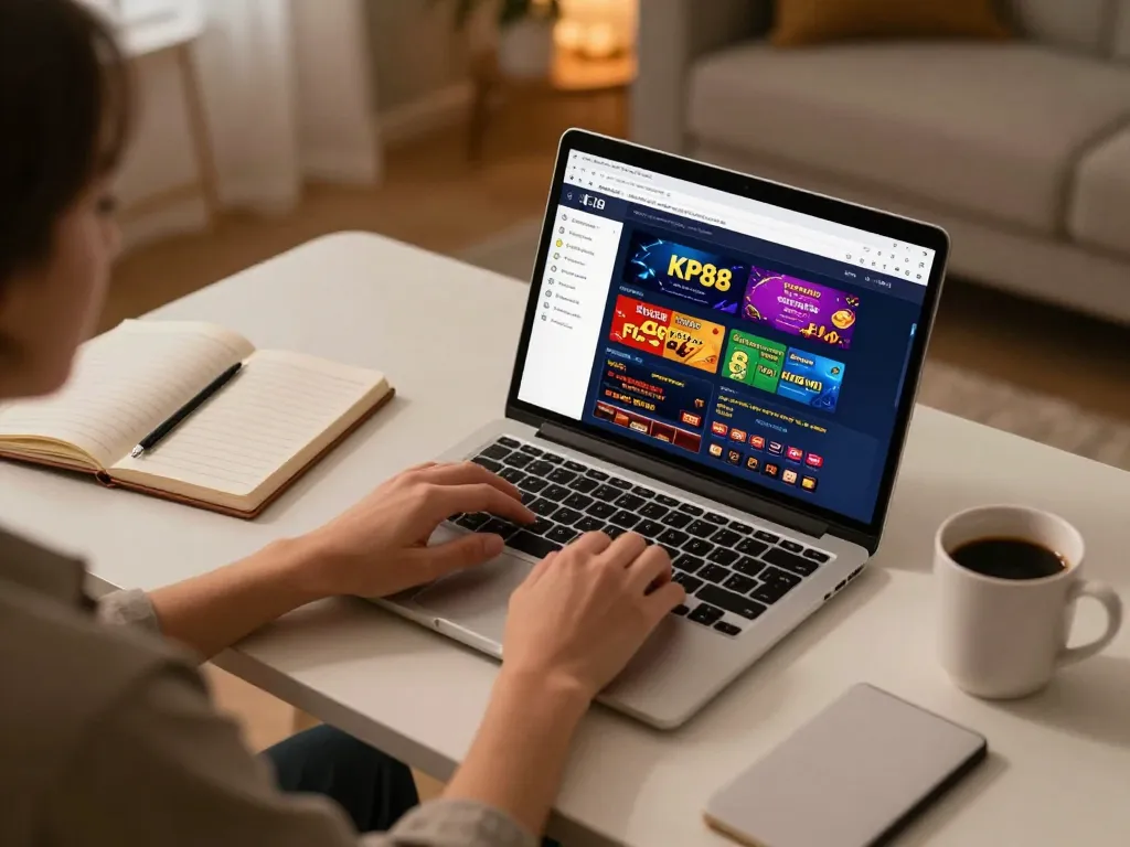 Person engaging with KP88 online casino on laptop, cozy home gaming atmosphere