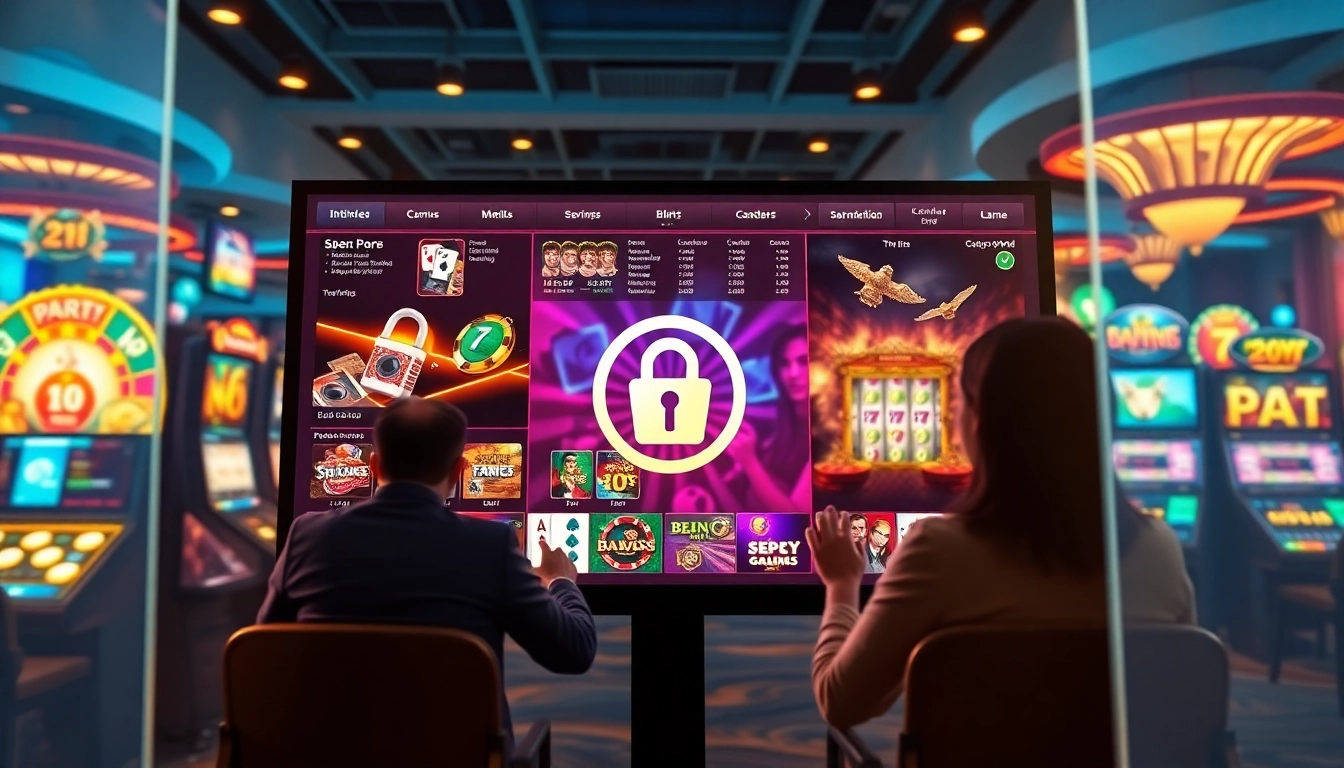 A vibrant online casino atmosphere showcasing SBOBET.dance with poker and slot machines, emphasizing security and excitement.