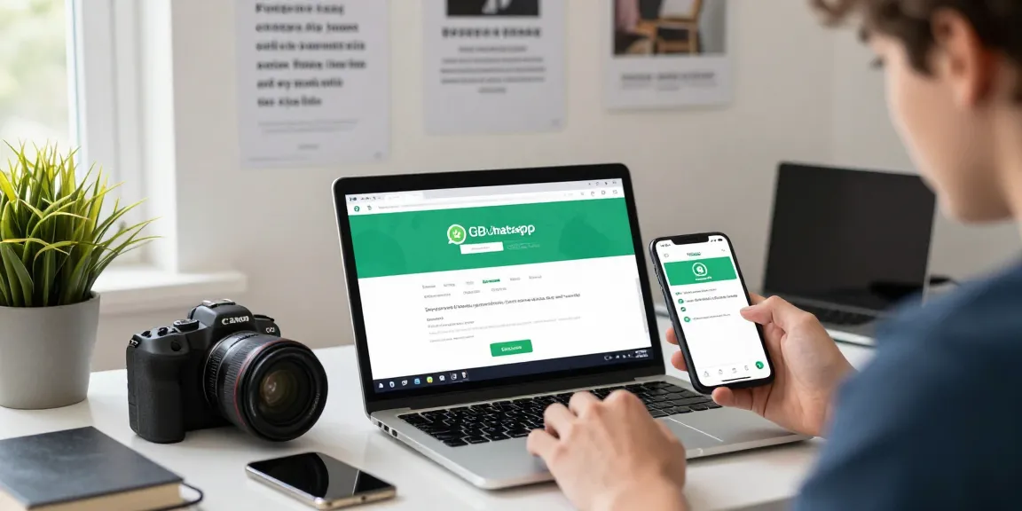 User using the GB WhatsApp app on smartphone in a modern workspace, showcasing digital communication features and tech gadgets.