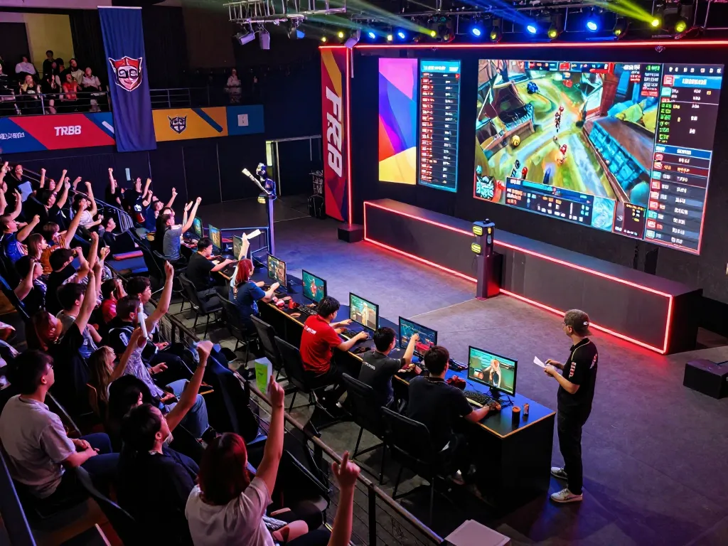 Fans engaging in esports betting with TR88 at a live event, vibrant atmosphere showcasing excitement and strategy.