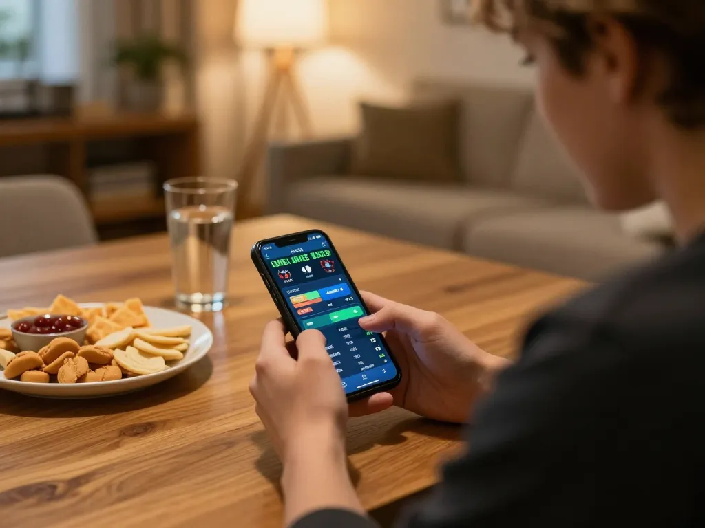 Engaging in sports betting using Keonhacai5 on smartphone while enjoying a casual home atmosphere