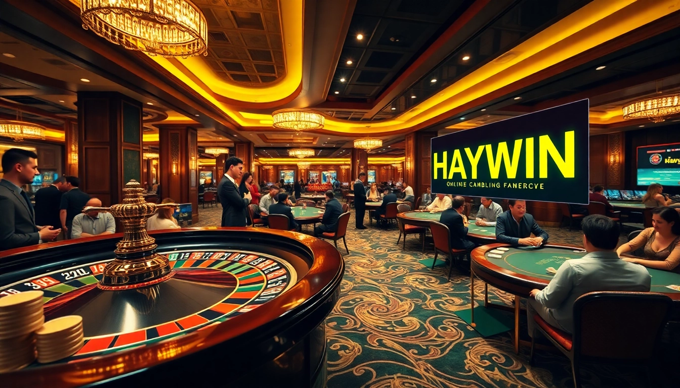 Exciting casino scene with HAYWIN branding, featuring roulette and poker tables.