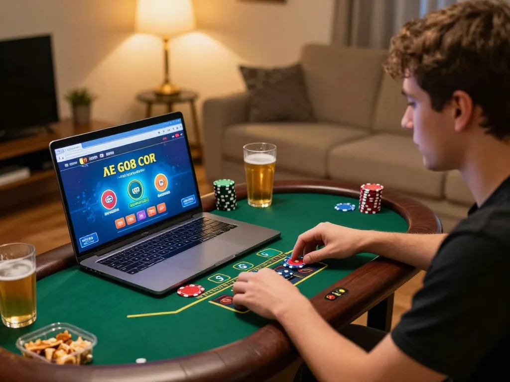 Player engaging in an online blackjack game at go8 com, showcasing strategy and excitement in a cozy home setup