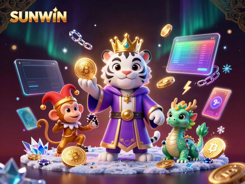 Engage with the thrilling SUNWIN casino world featuring a majestic tiger, juggling monkey, and a jade dragon, surrounded by neon cryptocurrency icons.