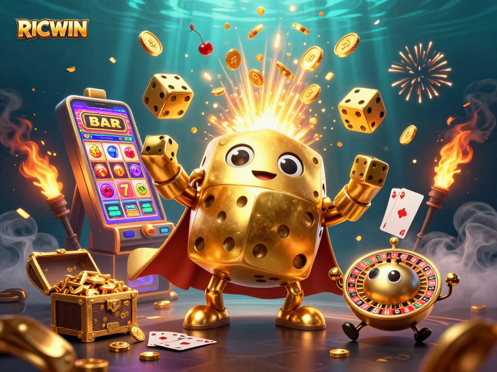 Experience the thrilling world of RICWIN with vibrant golden dice and jackpot visuals.