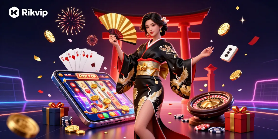 Engage with thrilling gaming experiences at Rikvip, featuring a celebrated Asian woman in an artistic pose among dynamic casino elements.
