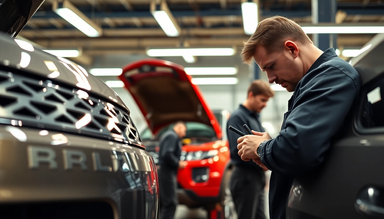 Kinghams mechanics expertly repairing Land Rover vehicles in a bright professional workshop.