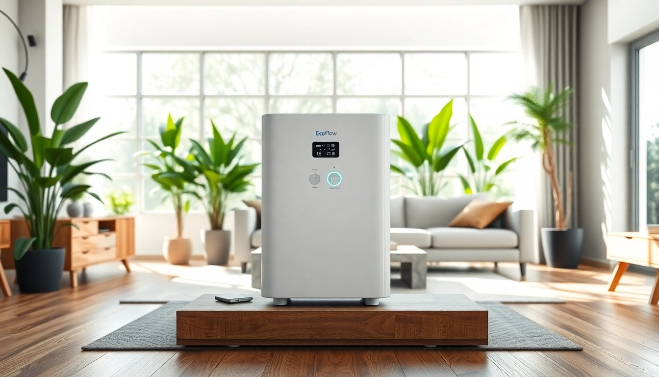 EcoFlow power station showcased in a stylish living room with natural light and greens.