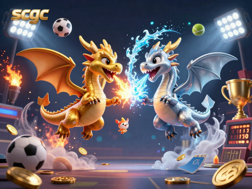 Experience gaming excitement with scgc as twin dragons battle amid sports-themed elements.
