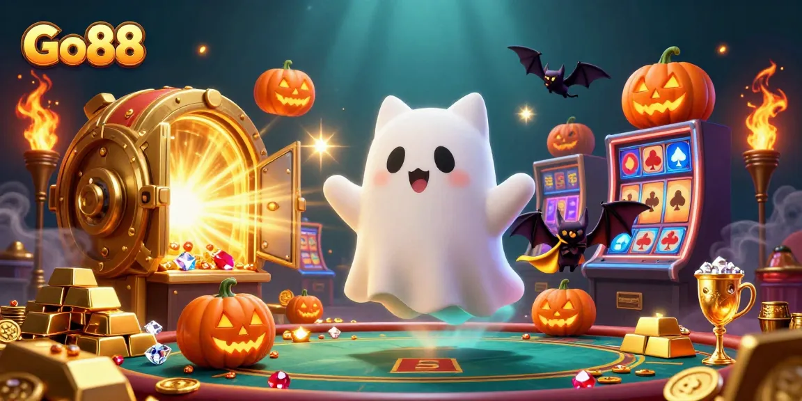 Experience the excitement at Go88 with a playful ghost cat and treasures in this vibrant casino scene.