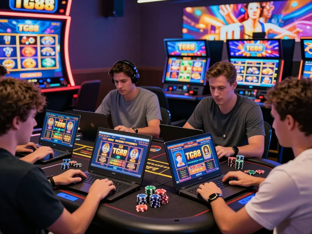 TG88 online casino scene with players engaged in digital gambling, showcasing excitement and vibrant gaming atmosphere.