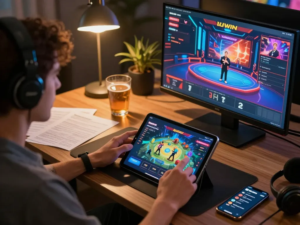 Kuwin online gaming session featuring a user interacting with live dealer games on a tablet at a cozy home setup.