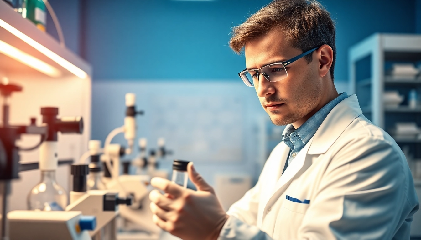 Study of Peptides UK in a modern lab setting with a scientist examining chemical structures.