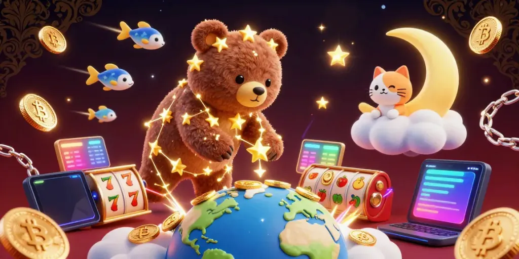 Engage with hitclub79 as a cartoon constellation bear collects coins in a vibrant casino theme featuring slots and crypto elements.
