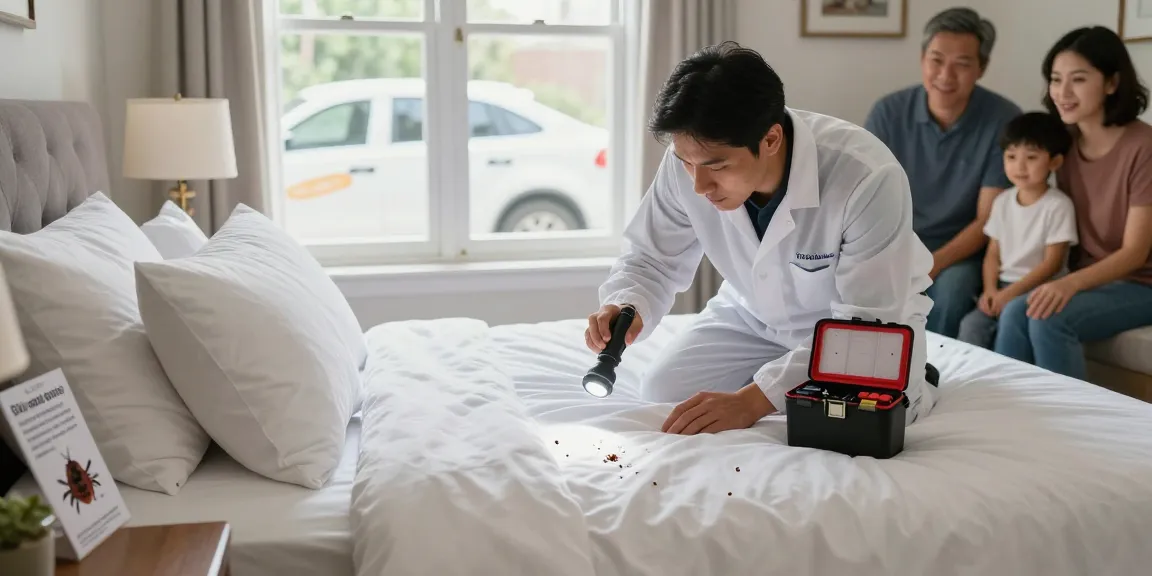 Professional inspecting a bedroom for effective bed bug control solutions.