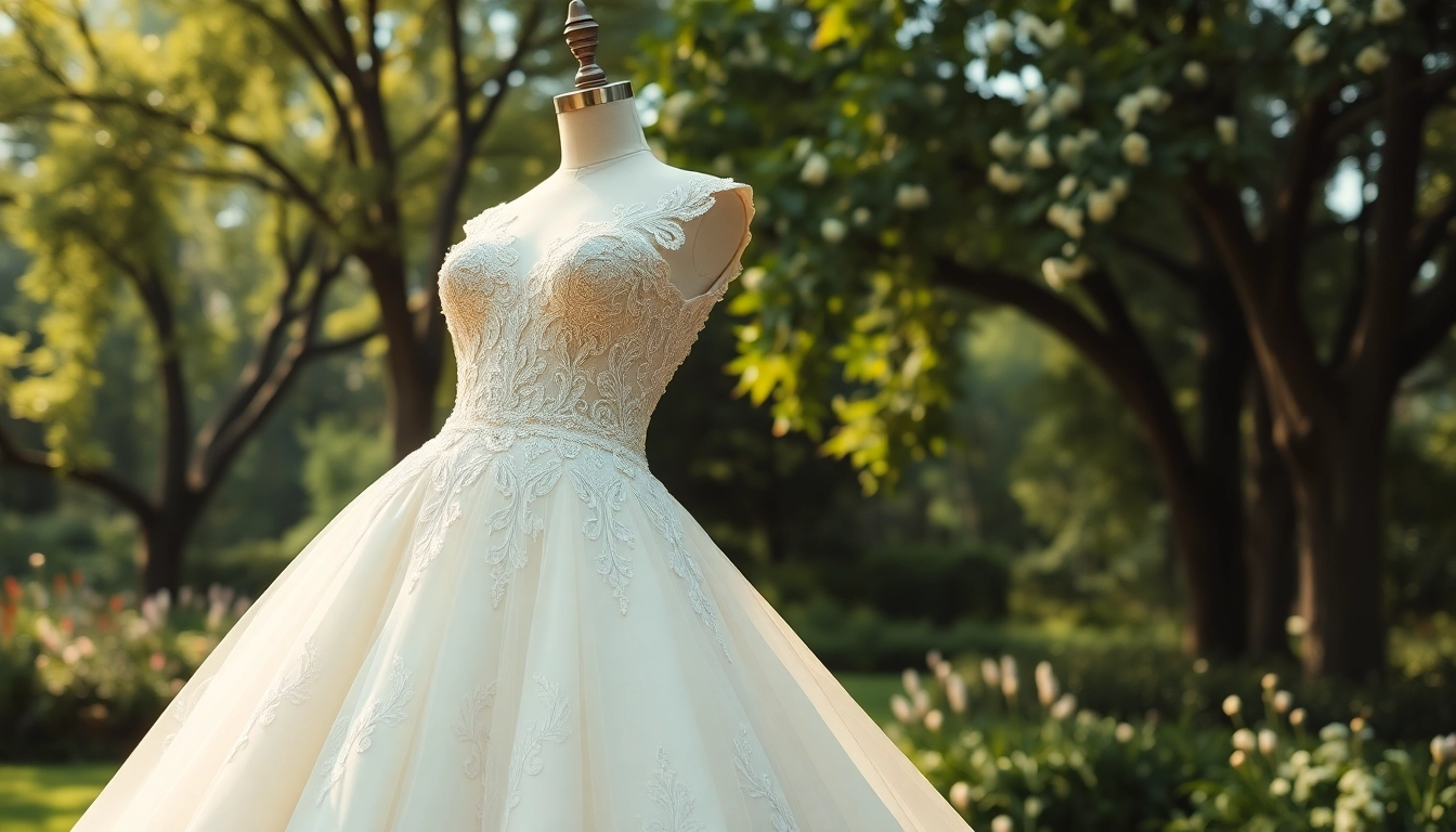Rebel Designerwear elegant bridal gown displayed beautifully in a garden setting.