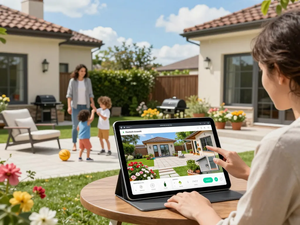 Family using a veranda configurator on a tablet in their sunny backyard, discussing design options.