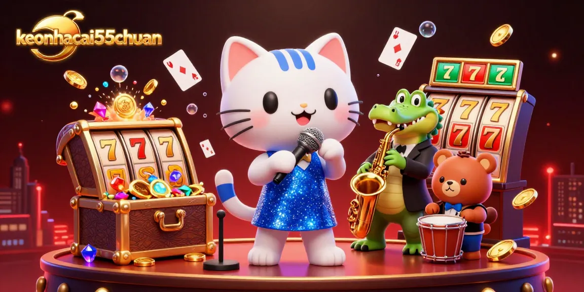 Join the fun at keonhacai55chuan with a lively casino scene featuring a jazzy cat and friends.