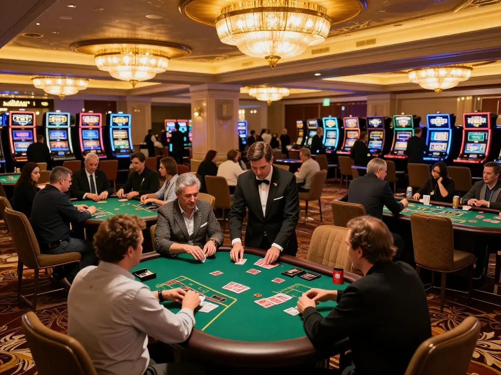 7m players strategizing bets at an upscale casino blackjack table under elegant lighting