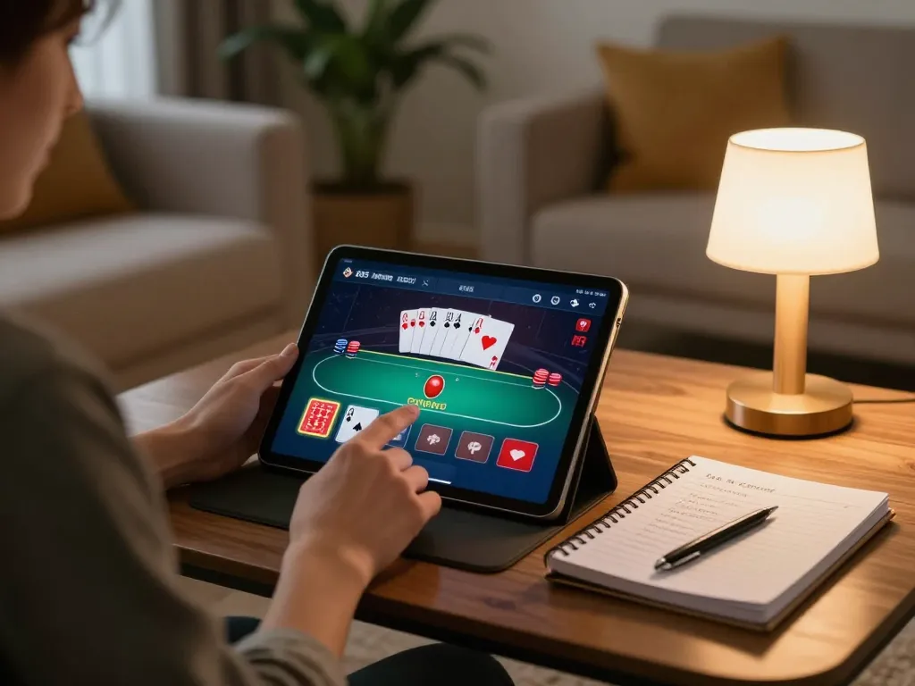 Person playing poker on a tablet at home, focusing on bankroll management in 789club.